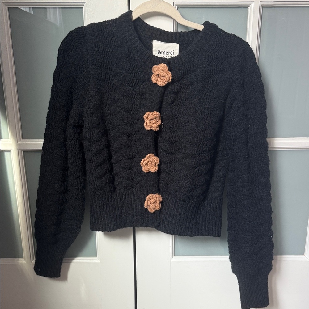 Black Cable Knit Cropped Cardigan with Tan Flower Buttons